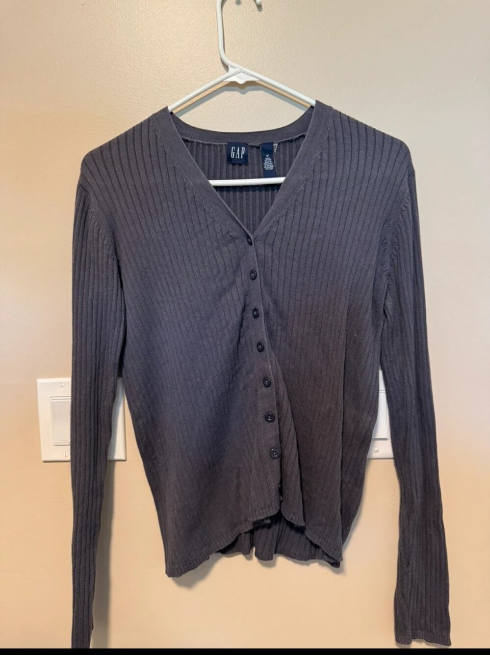 GAP Women's Dark Charcoal Ribbed Button-Front Long Sleeve Top MEDIUM